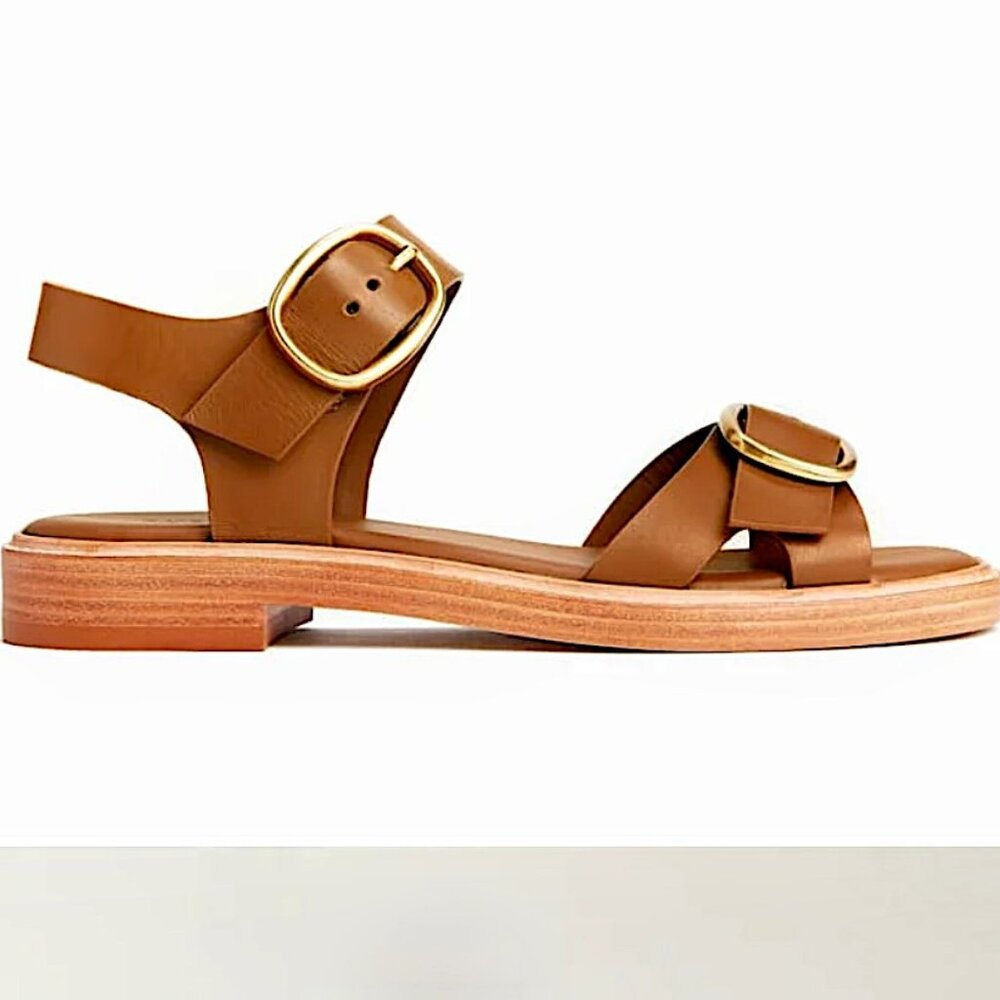 EVERLANE The Twin Buckle Leather Sandals Block Heel Retro 70s Brown - Picture 3 of 12